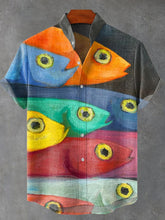 Brightly Colored Sardines Oil Fish Art Vintage Print Cotton Linen Casual Shirt