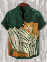 Men's Sleeping Cat Funny Print Cotton Linen Casual Shirt