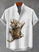 Kitten Hug Art Print Cotton Linen Casual Shirt
