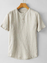 Men's Casual Plain Button Round Neck Short Sleeve Linen T-Shirt