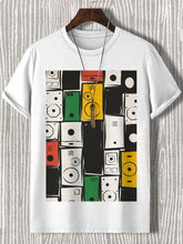 Men's Colorful Loudspeaker Box Black Music Forever Print Cotton Casual T-Shirt