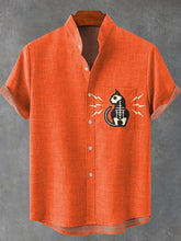 Halloween Skull Cat Lightning Art Print Cotton Linen Casual Shirt