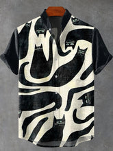 Black Cat Twisted Abstract Art Print Cotton Linen Casual Shirt