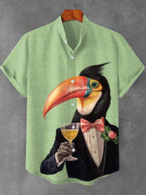 Men's Funny Bird Gentleman Champagne Art Casual Cotton Linen Short Sleeve Shirt