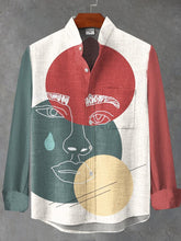 Abstract Human Face Art Print Cotton Linen Long Sleeve Shirt