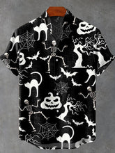 Halloween Dancing Skeleton Cat Pumpkin Head Bat Art Print Cotton Linen Casual Shirt
