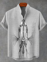 Fish Face Vintage Print Cotton Linen Casual Shirt