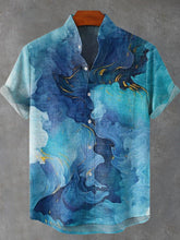 Blue Artistic Texture Vintage Print Cotton Linen Casual Shirt