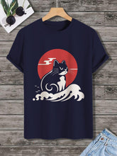 Men's Japan Sea Wave Cat Print Cotton Casual T-Shirt