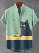 Black Cat Chilling with Coffee Vintage Print Cotton Linen Casual Shirt