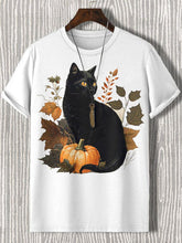 Men's Halloween Plant Black Cat Pumpkin Illustration Print Cotton Casual T-Shirt
