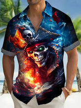 Vintage Skeleton Print Men's Button Pocket Hawaiian Short Sleeve Shirt Big Tall