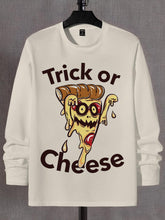 Men's Halloween Pizza Trick Or Cheese Print Cotton Long Sleeve T-Shirt Thin Sweatshirt