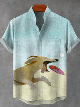 Cute Animals Running Dog Playing Frisbee Crayon Painting Funny Art Print Cotton Linen Casual Shirt