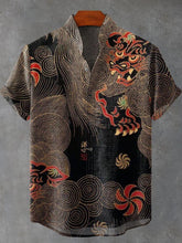 Japanese Style Lion Decorative Ethnic Pattern Cotton Linen Casual Shirt