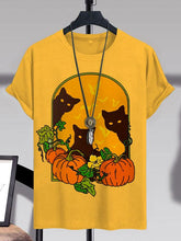 Men's Black Cat and Pumpkin Illustration Print Cotton Casual T-Shirt