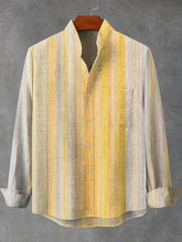 Vintage Hand Drawn Yellow Stripe Graphic Print Cotton Linen Long Sleeve Shirt