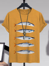 Men's Retro Sardines Art Print Cotton Casual T-Shirt