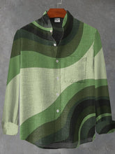 Wavy Line Art Wallpaper Print Cotton Linen Long Sleeve Shirt