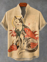Japanese Cat Koi Art Vintage Print Cotton Linen Casual Shirt