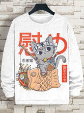 Men's Japanese Art Ninja Cat Fishing Print Cotton Casual Sweatshirt