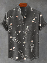 Human Skeleton Vintage Print Cotton Linen Casual Shirt