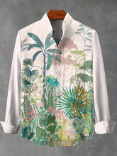 Retro Colorful Tropical Rainforest Print Cotton Linen Long Sleeve Shirt