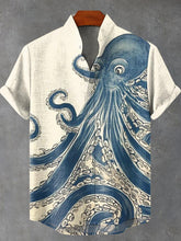 Blue Octopus Vintage Print Cotton Linen Casual Shirt