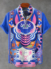 Blue Egyptian Cat Vintage Print Cotton Linen Casual Shirt