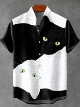 Black Cat and White Cat Art Print Cotton Linen Casual Shirt