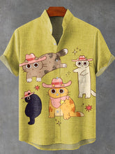 Cute Cowboy Cat Vintage Print Cotton Linen Casual Shirt