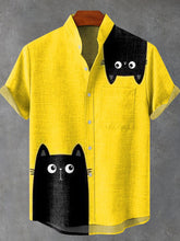 Abstract Black Cat Animal Vintage Print Casual Cotton Linen Shirt