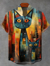 Retro Cubism Big Cat Kitten Print Cotton Linen Casual Shirt