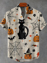 Halloween Black Cat Pumpkin Head Spider Art Print Cotton Linen Casual Shirt