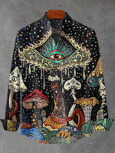 Retro Dark Mushroom Eyes Halloween Print Cotton Linen Long Sleeve Shirt