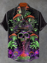 Dark Skeleton Mushroom Vintage Print Cotton Linen Casual Shirt