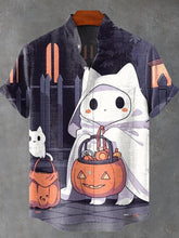 Halloween White Cat Little Ghost Vintage Print Cotton Linen Casual Shirt