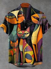 Art Abstract Cat Vintage Print Cotton Linen Casual Shirt