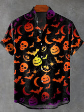 Halloween Gradient Pumpkin Head Bat Spider Skeleton Art Print Cotton Linen Casual Shirt