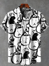 Black and White Cat with A Hat Vintage Print Cotton Linen Casual Shirt