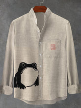 Japanese Art Frog Print Cotton Linen Long Sleeve Shirt