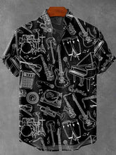 Black and White Lines Depict Musical Instruments Decorative Pattern Cotton Linen Casual Shirt