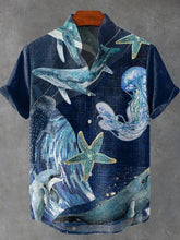 Deep Blue Undersea Whales and Jellyfish Vintage Print Cotton Linen Casual Shirt