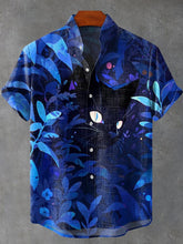 Dark Black Cat Vintage Print Cotton Linen Casual Shirt