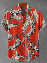 Abstract Cat Animal Vintage Print Cotton Linen Casual Shirt