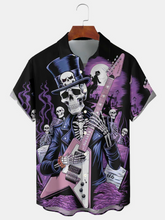 Retro Music Skull Guitar Print Men's Button Pocket Short Sleeve Shirt Big & Tall