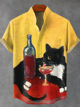 Cute Animals Cat Drinking Red Wine From Goblet Funny Art Print Cotton Linen Casual Shirt