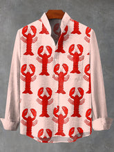 Decorative Pattern of Red Lobsters Arranged On Pink Background Cotton Linen Long Sleeve Shirt
