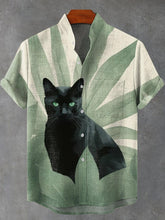Leaves Cat Art Print Cotton Linen Casual Shirt