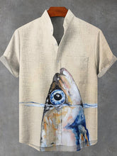 Fish Head Vintage Print Cotton Linen Casual Shirt